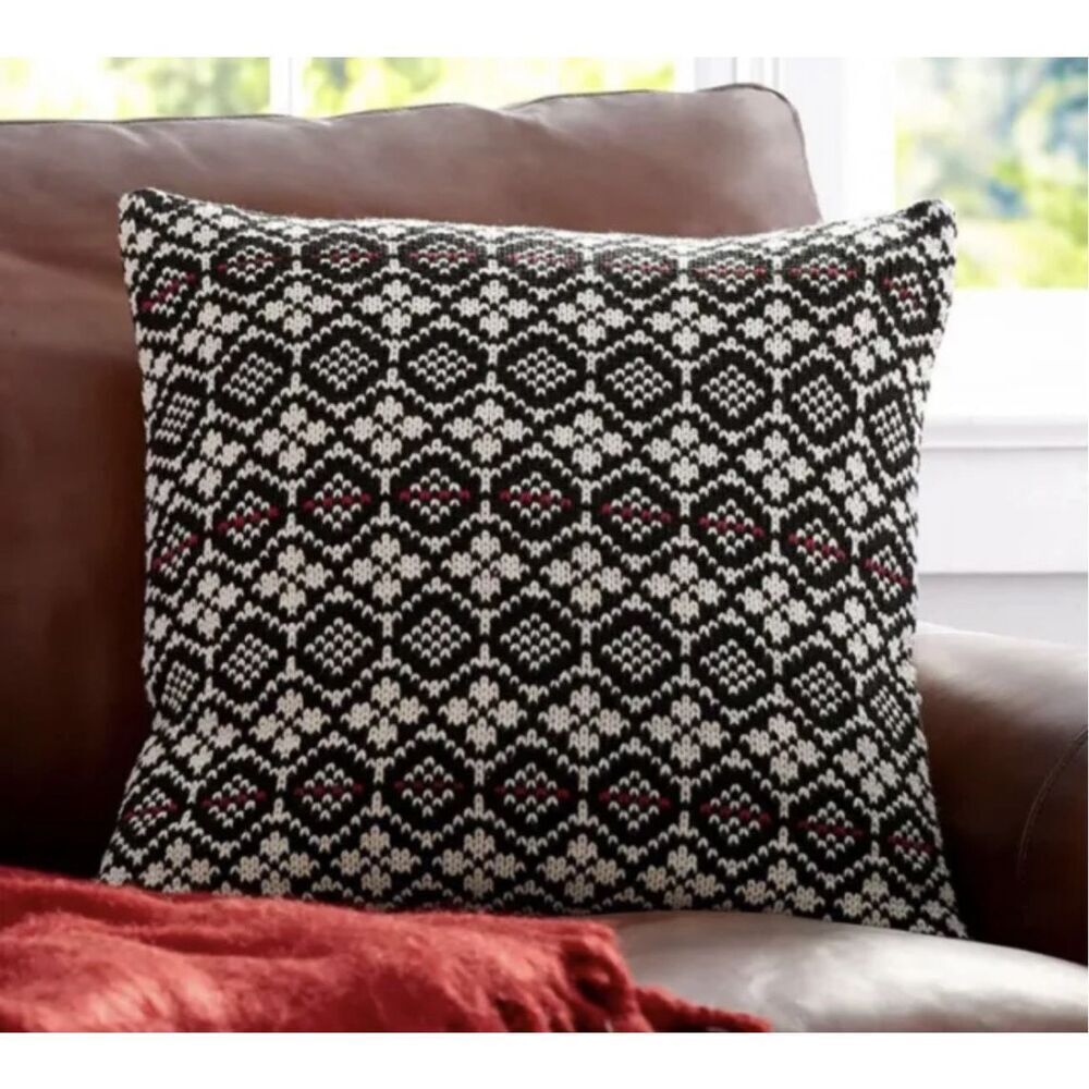Pottery Barn Lexington Fair Isle Sweater Knit Square Pillow Cover Black Red